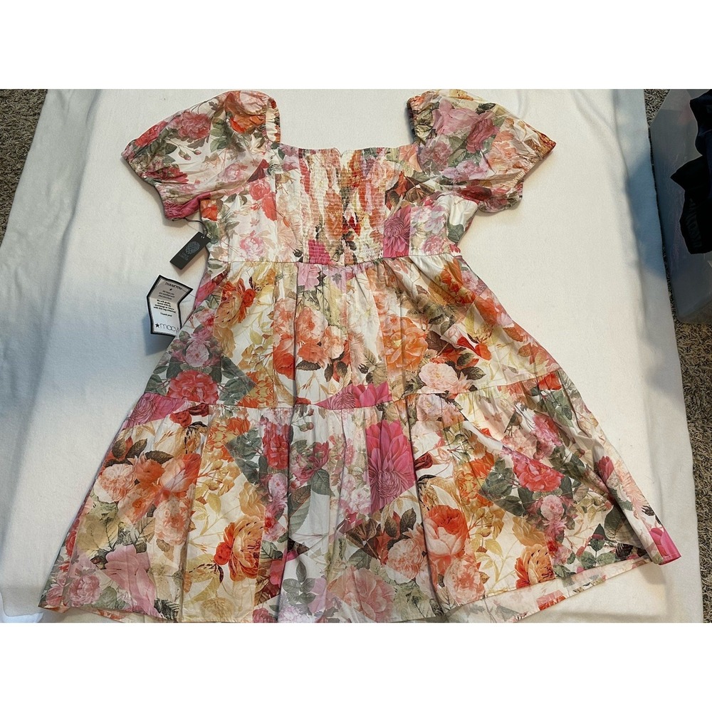 NWT Vince Camuto Tiered Dress 24W Plus Watercolor Floral Smocked Puff Sleeve - Picture 7 of 8